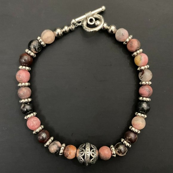 Hand Crafted Jewelry - Beaded Bracelet - pink and gray marble beads with silver accents